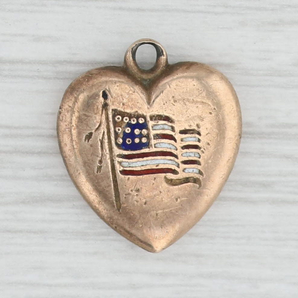 Light Gray Vintage American Flag Heart Pendant Charm 10k Yellow Gold Enamel AS IS