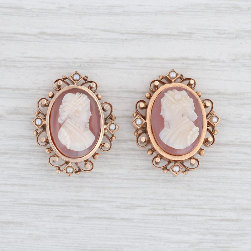 Light Gray Antique Victorian Carved Agate Cameos 3 Pins Pendant 12k Gold Pearls Hair