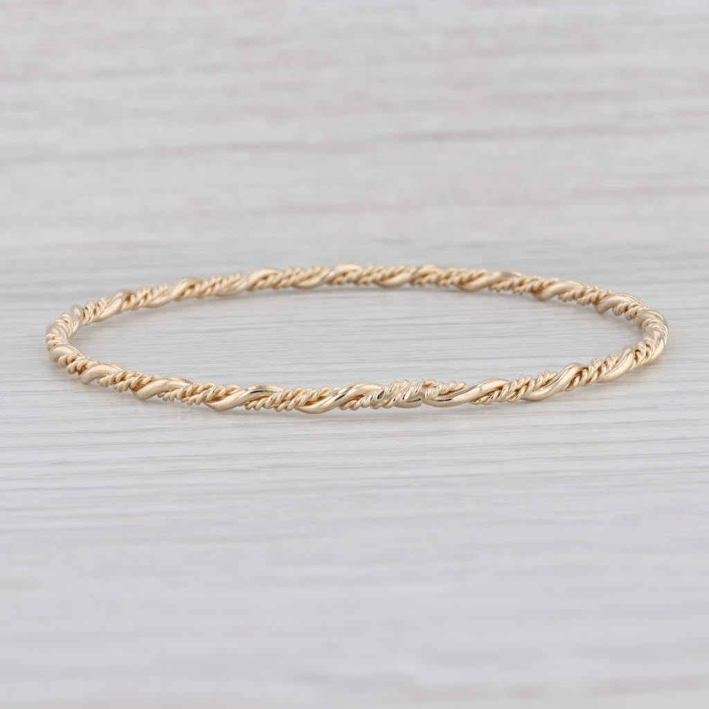 Light Gray Woven Bangle Bracelet 14k Yellow Gold 7.5" 3mm Stackable