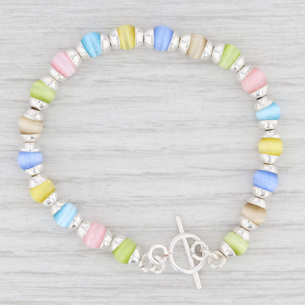Light Gray New Glass Bead Bracelet 7.25" Sterling Silver Toggle Clasp Multi Color Statement