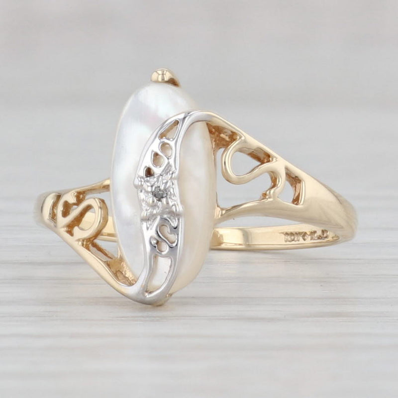 Vintage Mother of Pearl Diamond Bypass Ring 14k Yellow Gold Size 6 Richard Klein