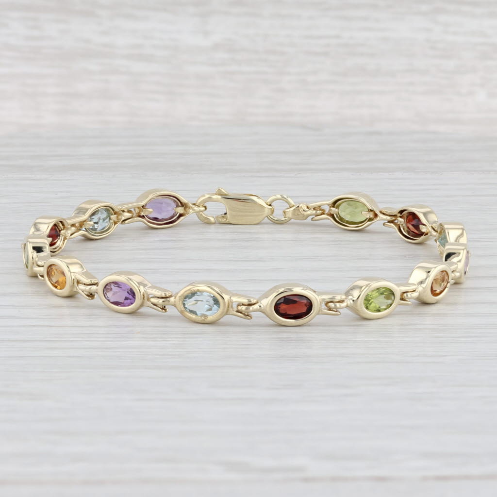 Light Gray 7.14ctw Gemstone Tennis Bracelet 14k Gold Topaz Garnet Peridot Amethyst Citrine