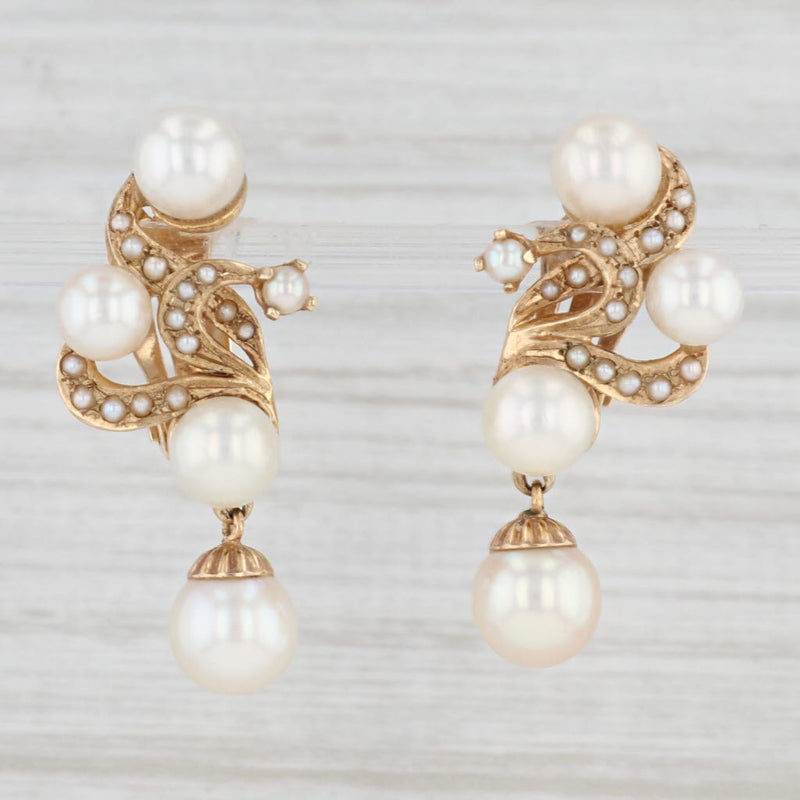 Vintage Ornate Cultured Pearl Statement Earrings 14k Gold Clip On Non-Pierced