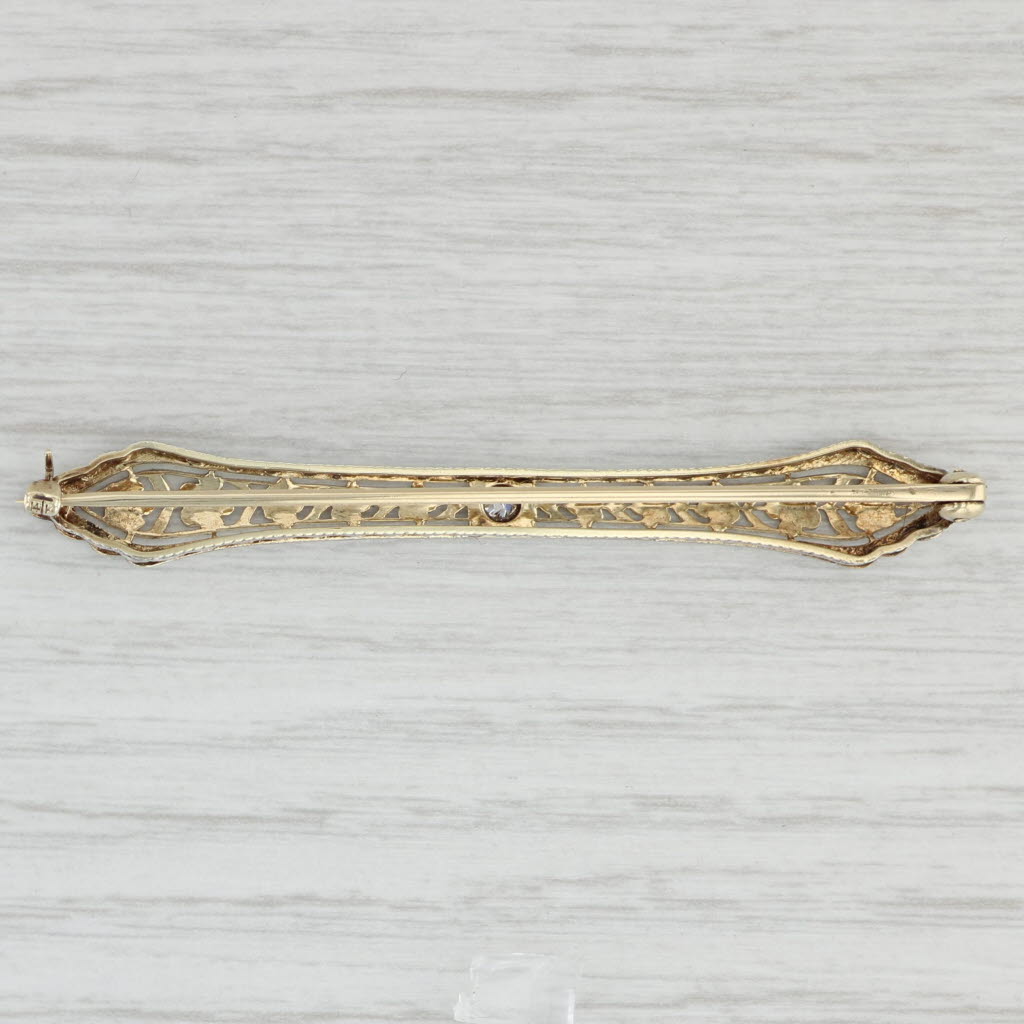 Light Gray Vintage Art Deco Diamond Floral Filigree Bar Brooch Platinum 14k Gold Pin