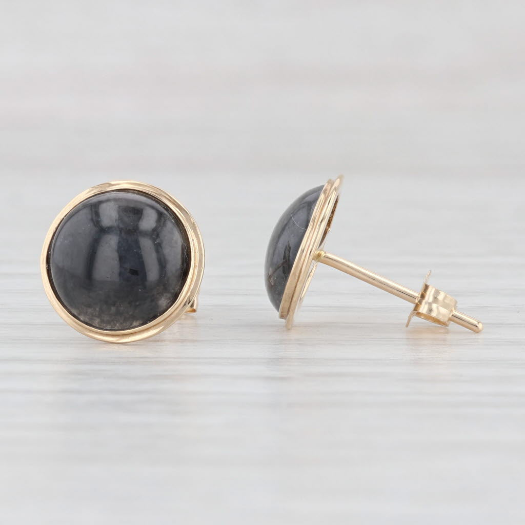 Light Gray Black Ornamental Stone Stud Earrings 14k Yellow Gold Pierced Round Studs