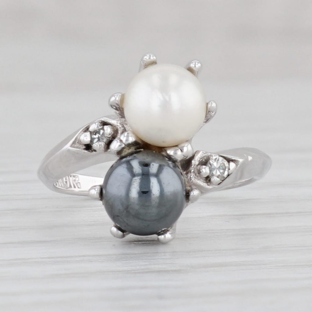 Light Gray Cultured Pearl Hematite Bypass Ring 14k White Gold Diamond Accents Size 3.5