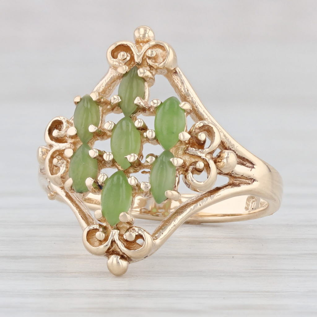 Light Gray Green Nephrite Jade Cluster Ring 10k Yellow Gold Size 6 Fleur -de-lis