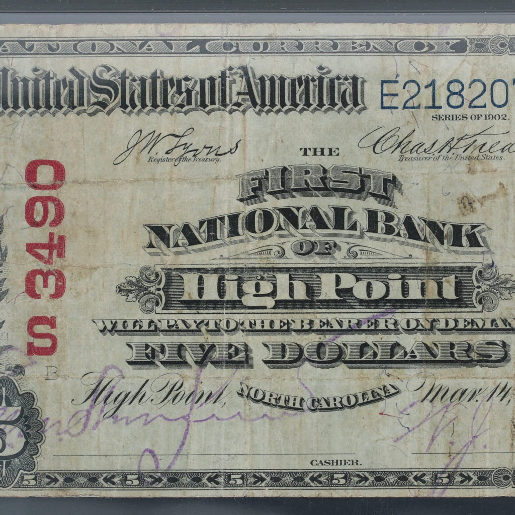 $5 High Point North Carolina C 1902 Red Seal 3490 20 First National Bank Note