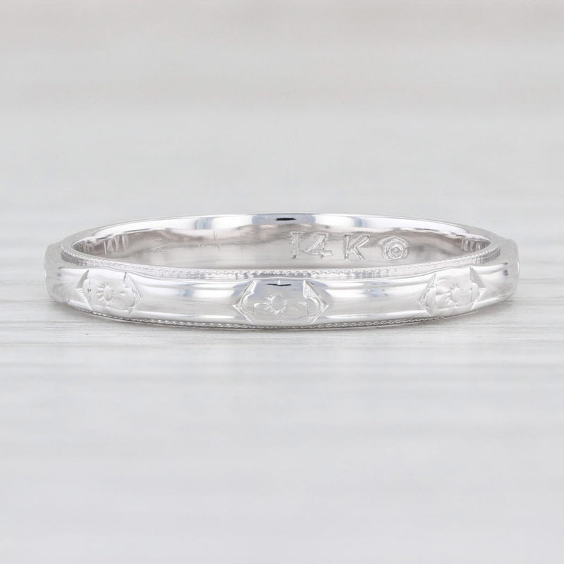 Light Gray Art Deco Floral Wedding Band 14k White Gold Stackable Ring