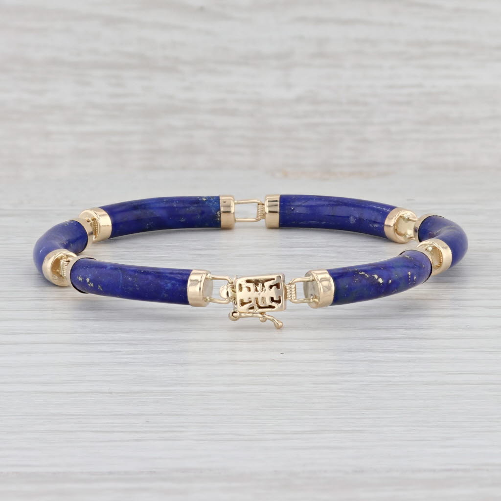 Light Gray Lapis Lazuli Bracelet 14k Gold 7.25" 5.2mm Chinese Character Shou Longevity