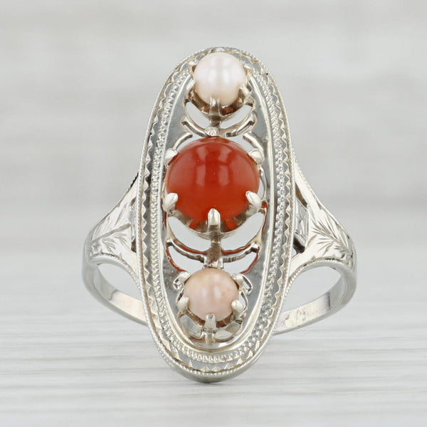 Light Gray Edwardian Cultured Pearl Carnelian Ring 14k White Gold Size 6.75 Antique Floral