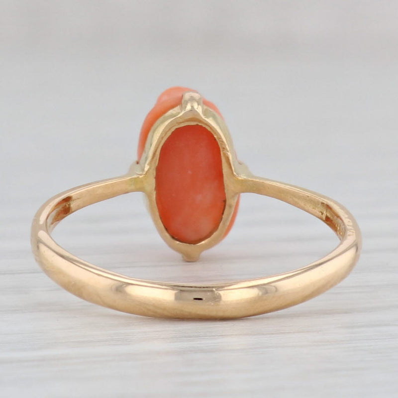 Light Gray Antique Carved Coral Cameo Ring 18k Yellow Gold Size 8.25