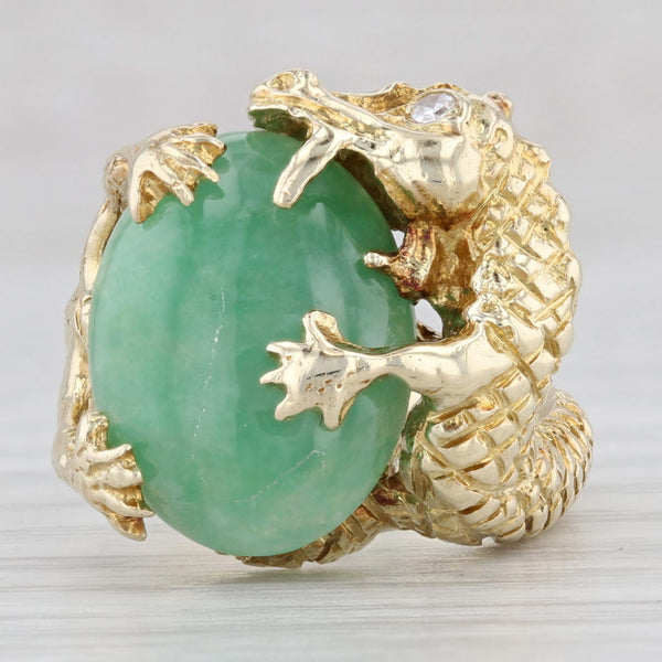 Light Gray Green Jadeite Jade Diamond Dragon Ring 14k Yellow Gold Size 6.5