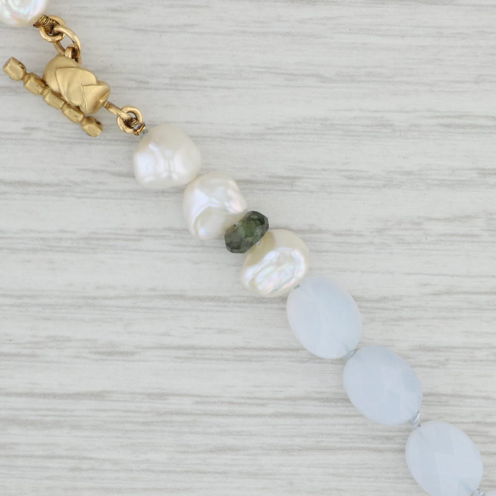 Light Gray Chalcedony Tourmaline Sapphire Pearl Bead Necklace 18k Gold 32" Long Strand