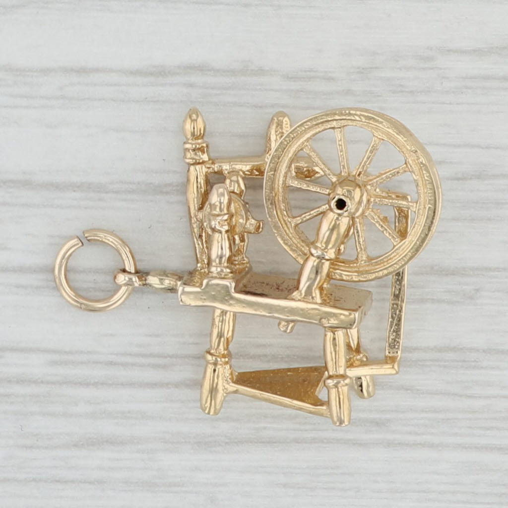 Light Gray Sewing Spinning Wheel Charm 14k Yellow Gold 3D Moving Parts Pendant