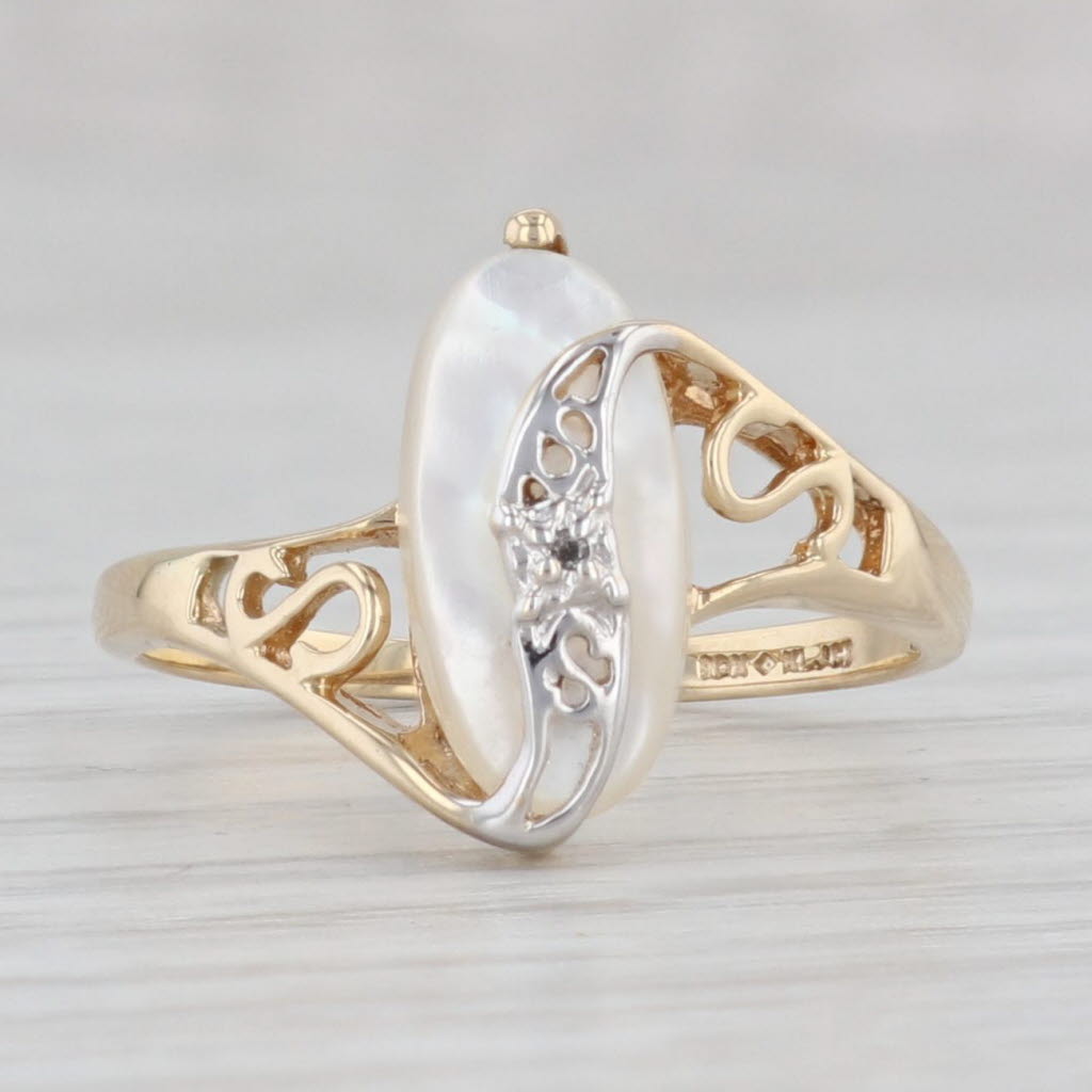 Light Gray Vintage Mother of Pearl Diamond Bypass Ring 14k Yellow Gold Size 6 Richard Klein