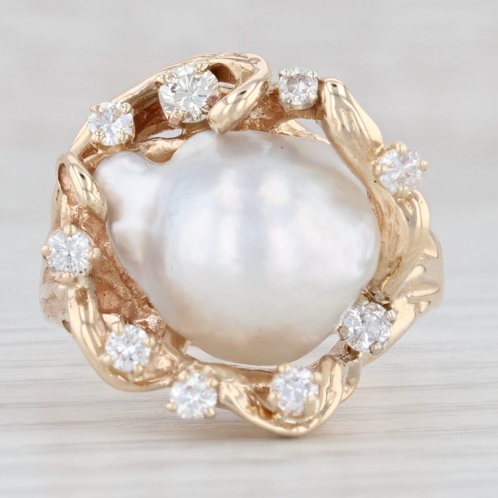 Light Gray Baroque Cultured Pearl Diamond Halo Ring 14k Yellow Gold Size 10.25 Cocktail