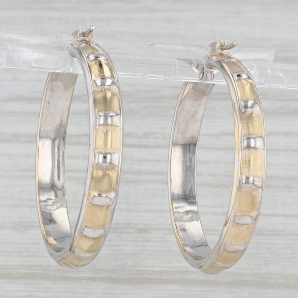 Light Gray Ridged 2-Toned Hoop Earrings 14k Yellow & White Gold Snap Top Posts Round Hoops
