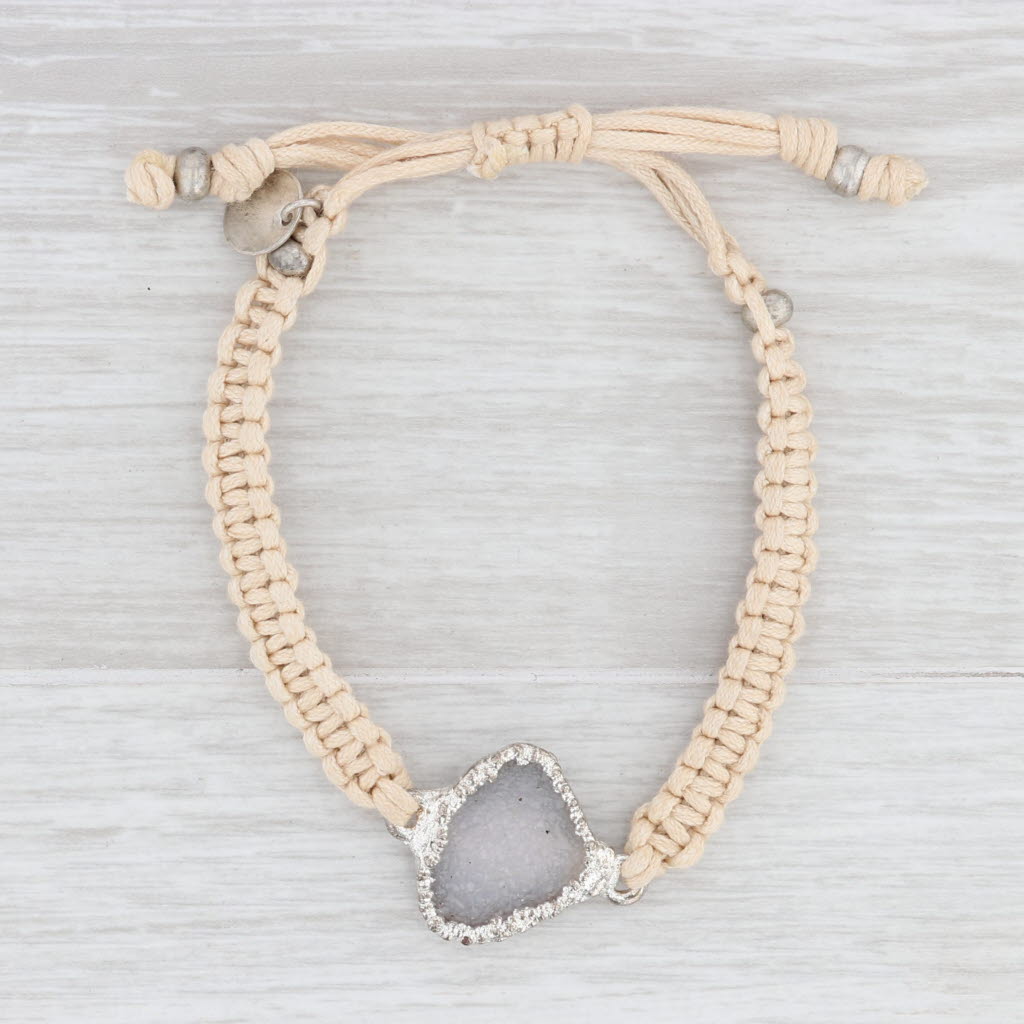 Light Gray New Nina Nguyen White Druzy Quartz Cream Woven Cord Bracelet Adjustable