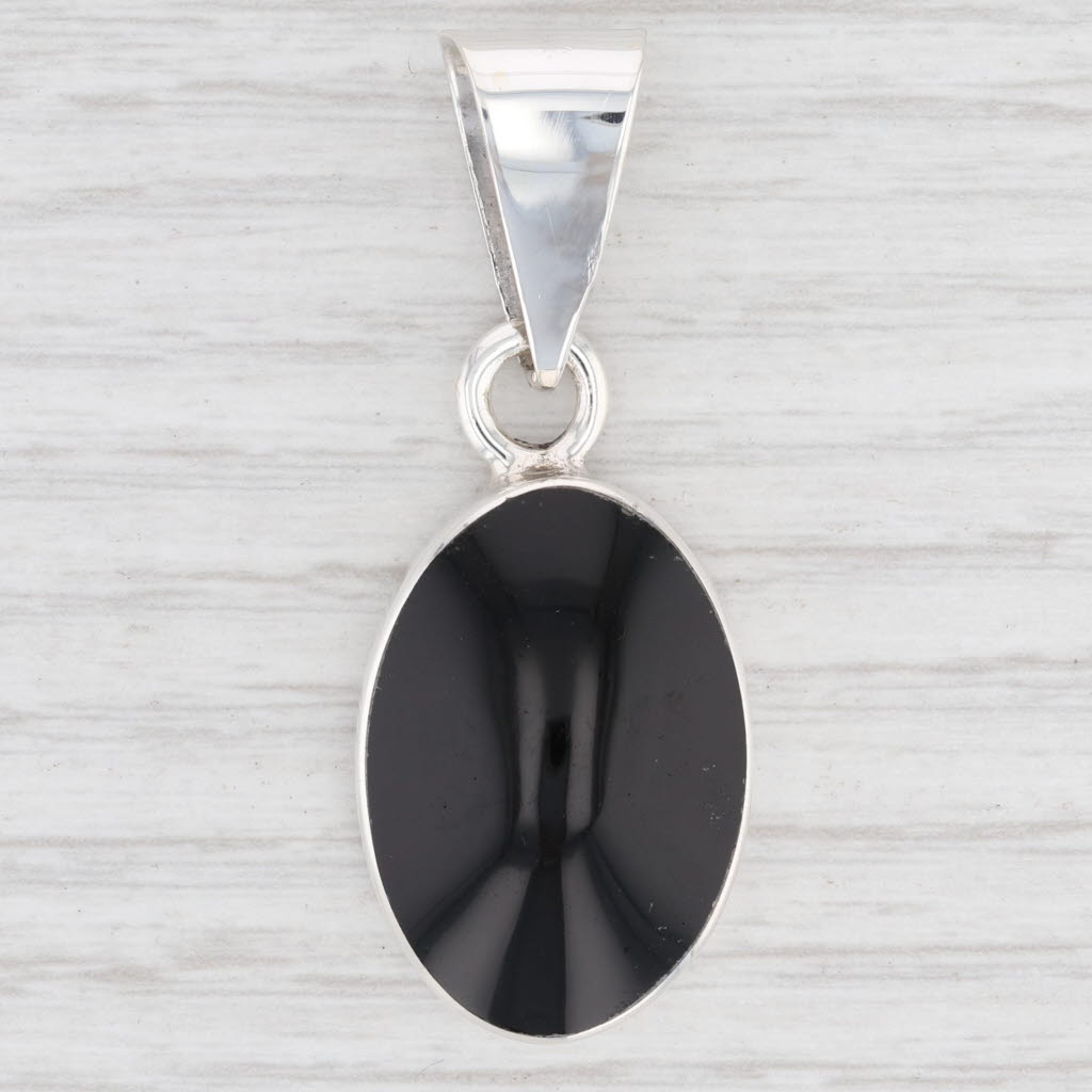 Light Gray New Black Glass Oval Pendant Sterling Silver Drop B12639