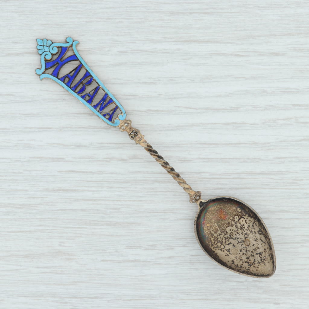 Light Gray Vintage Habana Souvenir Spoon 900 Silver Havana Cuba Enamel Flower