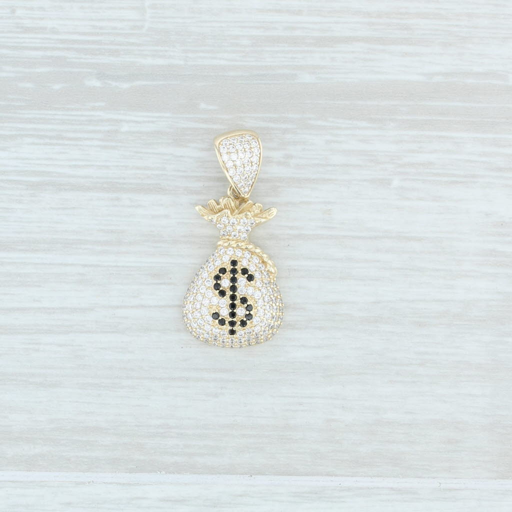 Light Gray Sparkling CZ Money Bag Pendant 10k Yellow Gold Black & White Cubic Zirconias