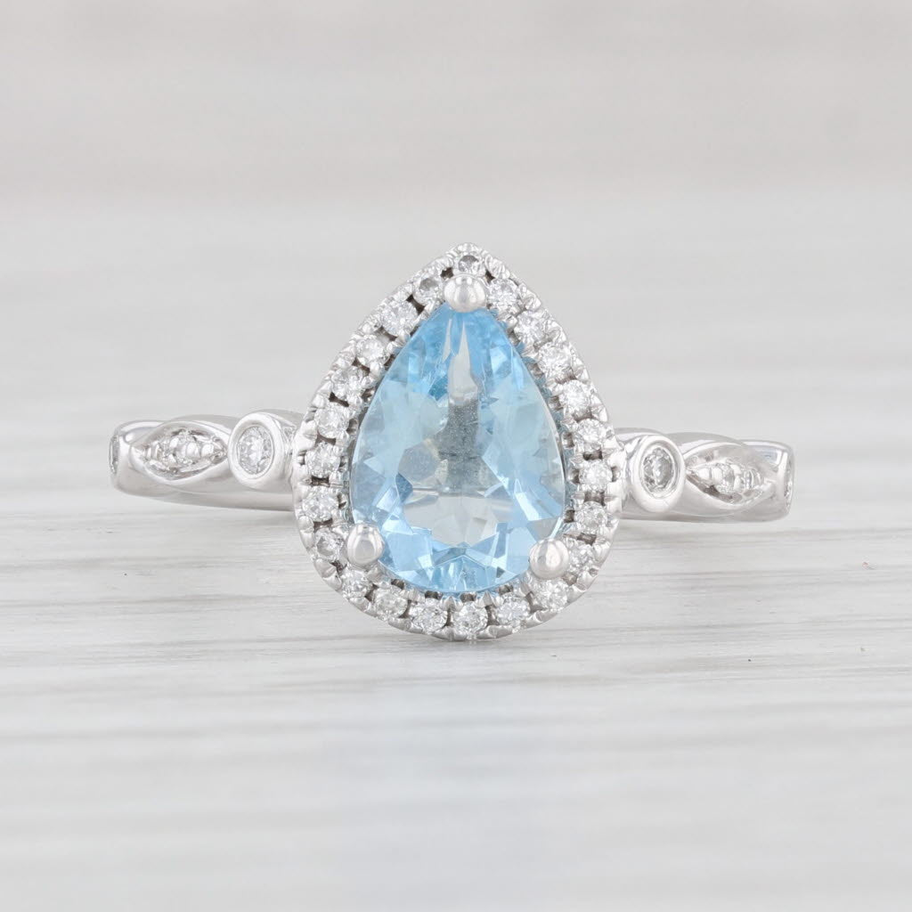 Light Gray 0.88ctw Aquamarine Diamond Halo Teardrop Ring 14k White Gold Size 4