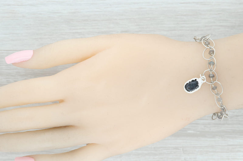 New Nina Nguyen Charm Bracelet Druzy Geode Quartz Labradorite Bead Sterling 7.5"