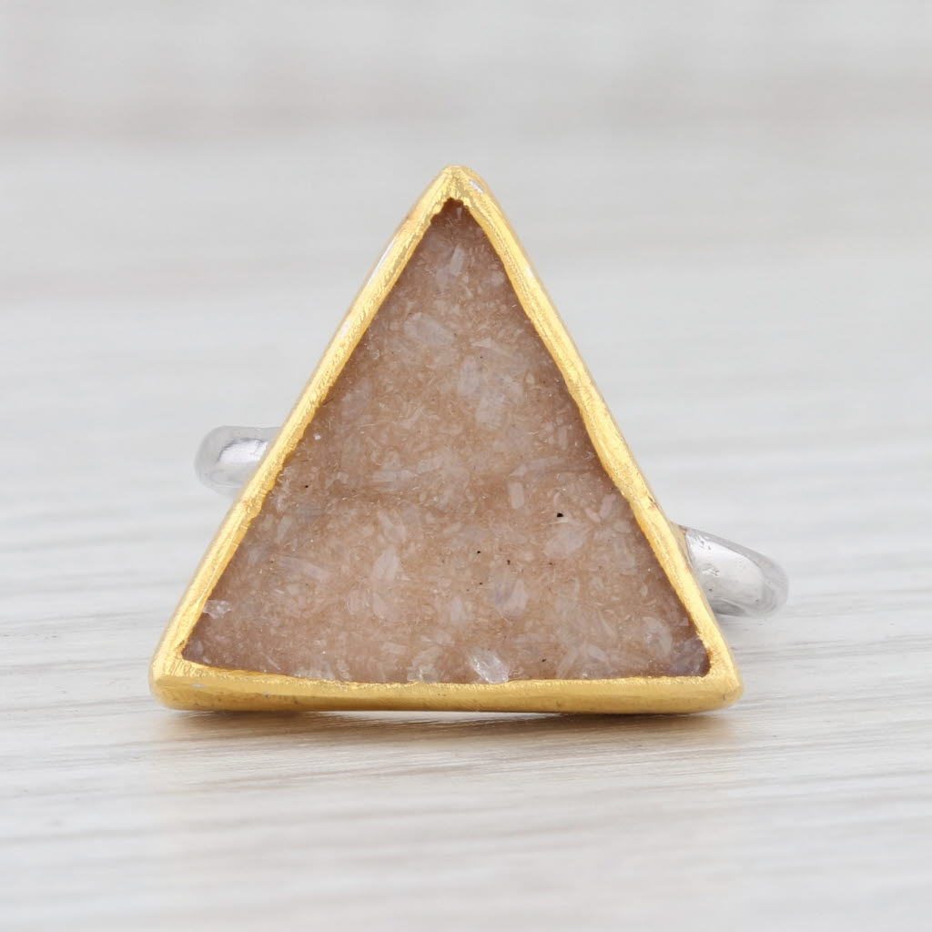 Light Gray New Nina Nguyen Ring Bamboo Trio Sand Druzy Quartz Sterling Silver 22k Vermeil