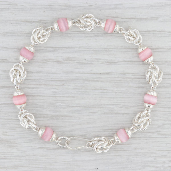 Light Gray New Pink Glass Bead Statement Bracelet Sterling Silver Chain 7” Hook Clasp