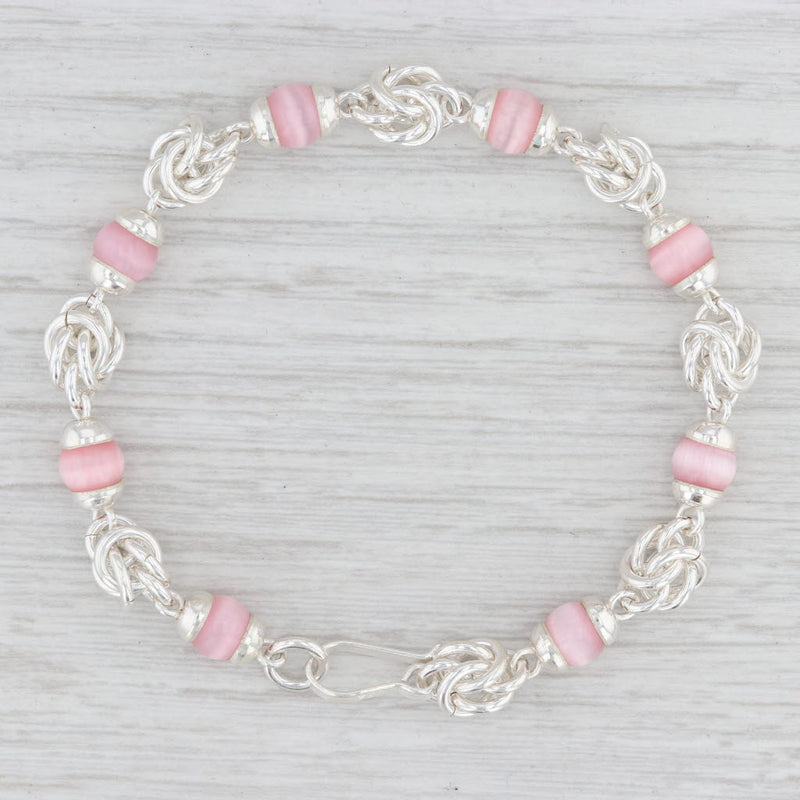 New Pink Glass Bead Statement Bracelet Sterling Silver Chain 7” Hook Clasp