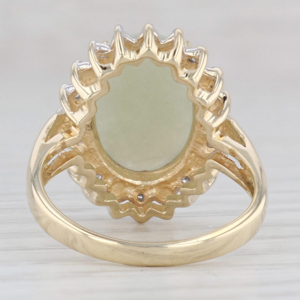 Light Gray Green Jadeite Jade Oval Cabochon Diamond Halo Ring 14k Yellow Gold Size 6.75