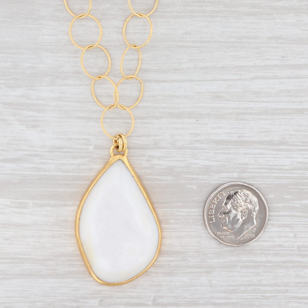 Light Gray New Nina Nguyen White Druzy Quartz Agate Pendant Necklace 20" Sterling 22k Gold