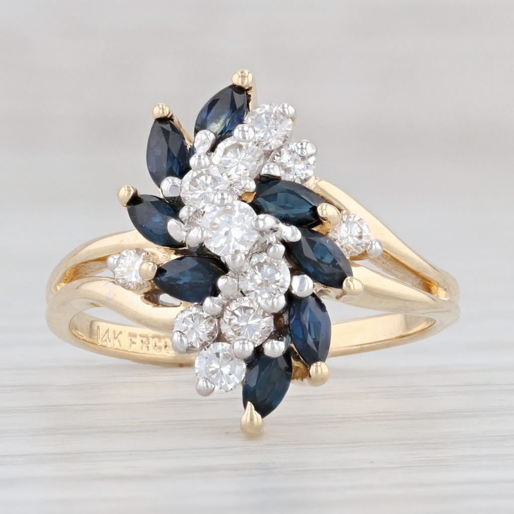 Light Gray 1.14ctw Blue Sapphire Diamond Cluster Ring 14k Yellow Gold Size 6.5 Bypass