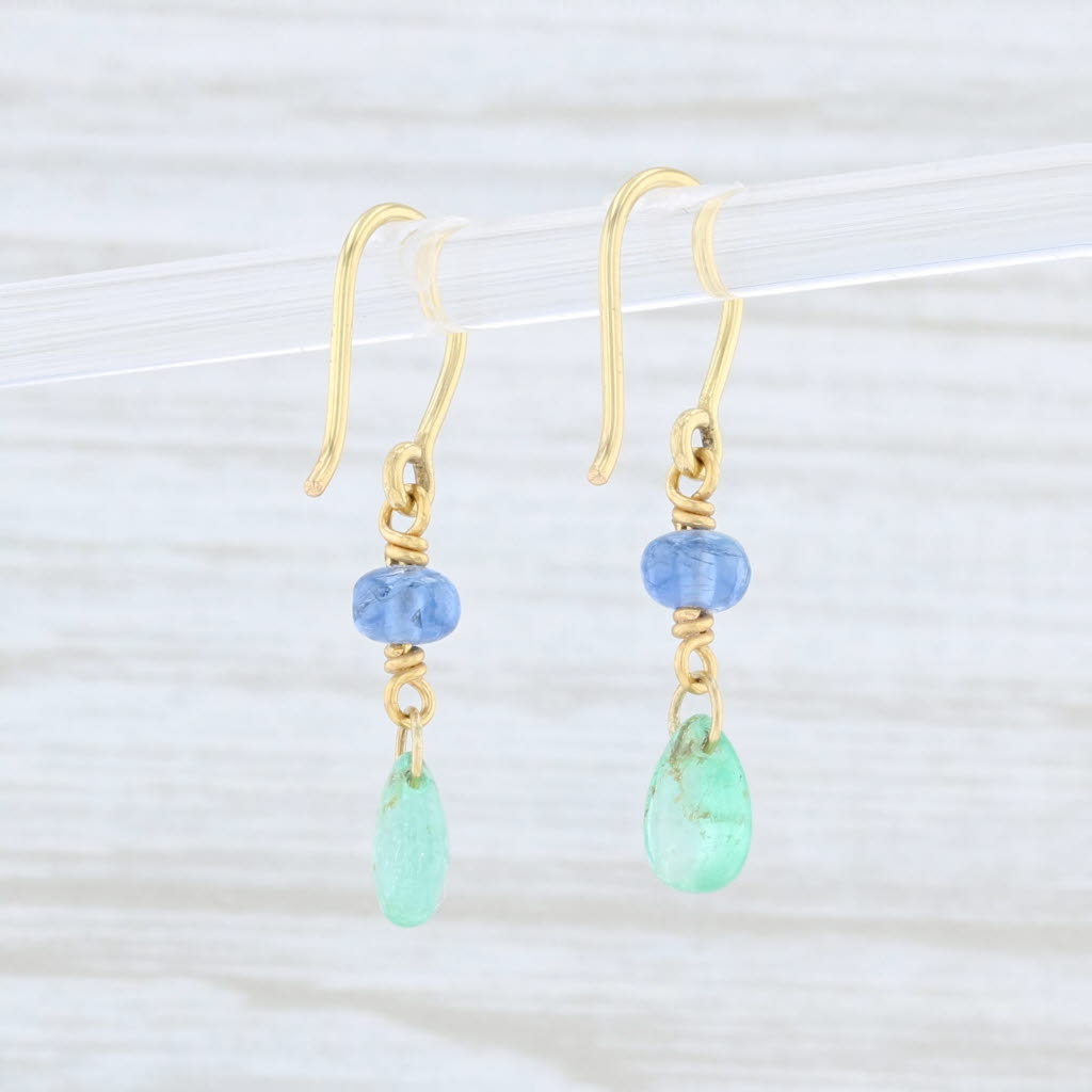 Lavender Artisan Emerald Tanzanite Bead Earrings 14k Yellow Gold Dangle Hook Posts