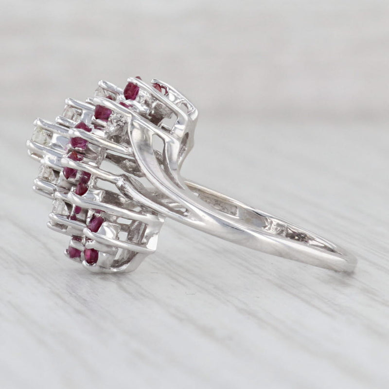 0.64ctw Ruby Diamond Cluster Bypass Ring 14k White Gold Size 6