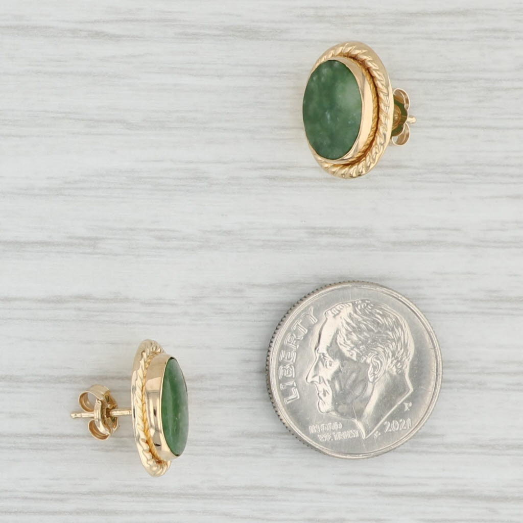 Light Gray Oval Green Nephrite Jade Stud Earrings 14k Yellow Gold Solitaire Studs