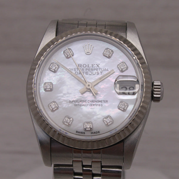 Dim Gray 1991 Rolex Datejust Ladies 68274 MOP Diamond Dial Automatic Watch Jubilee 2 Yr