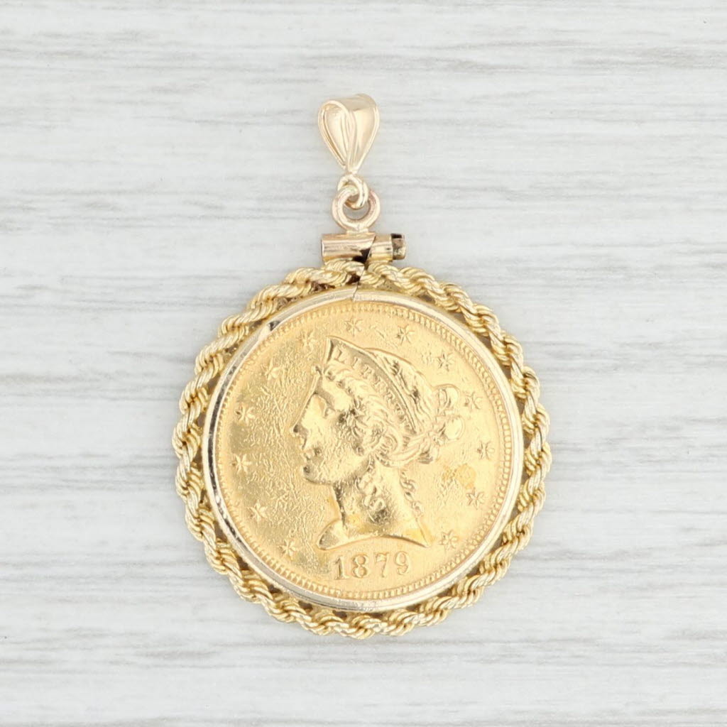 Light Gray 1879 5 Dollar Gold Liberty Coin Pendant 14k 900 Rope Bezel Collector Keepsake