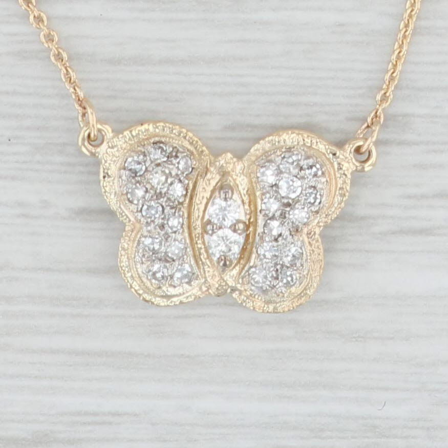 Light Gray 0.23ctw Diamond Butterfly Pendant Necklace 14k Yellow Gold 16.5-18.5" Adjustable