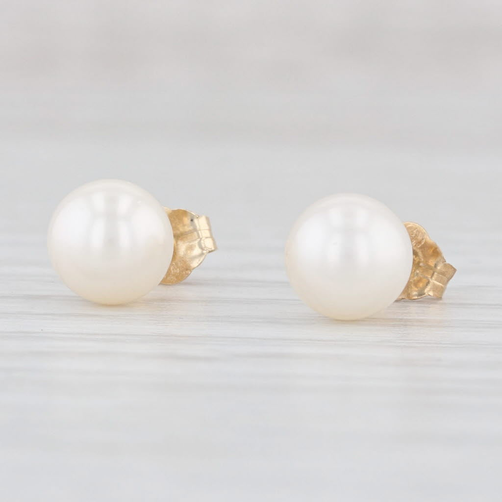 Light Gray Round White Cultured Pearl Stud Earrings 14k Yellow Gold June Birthstone