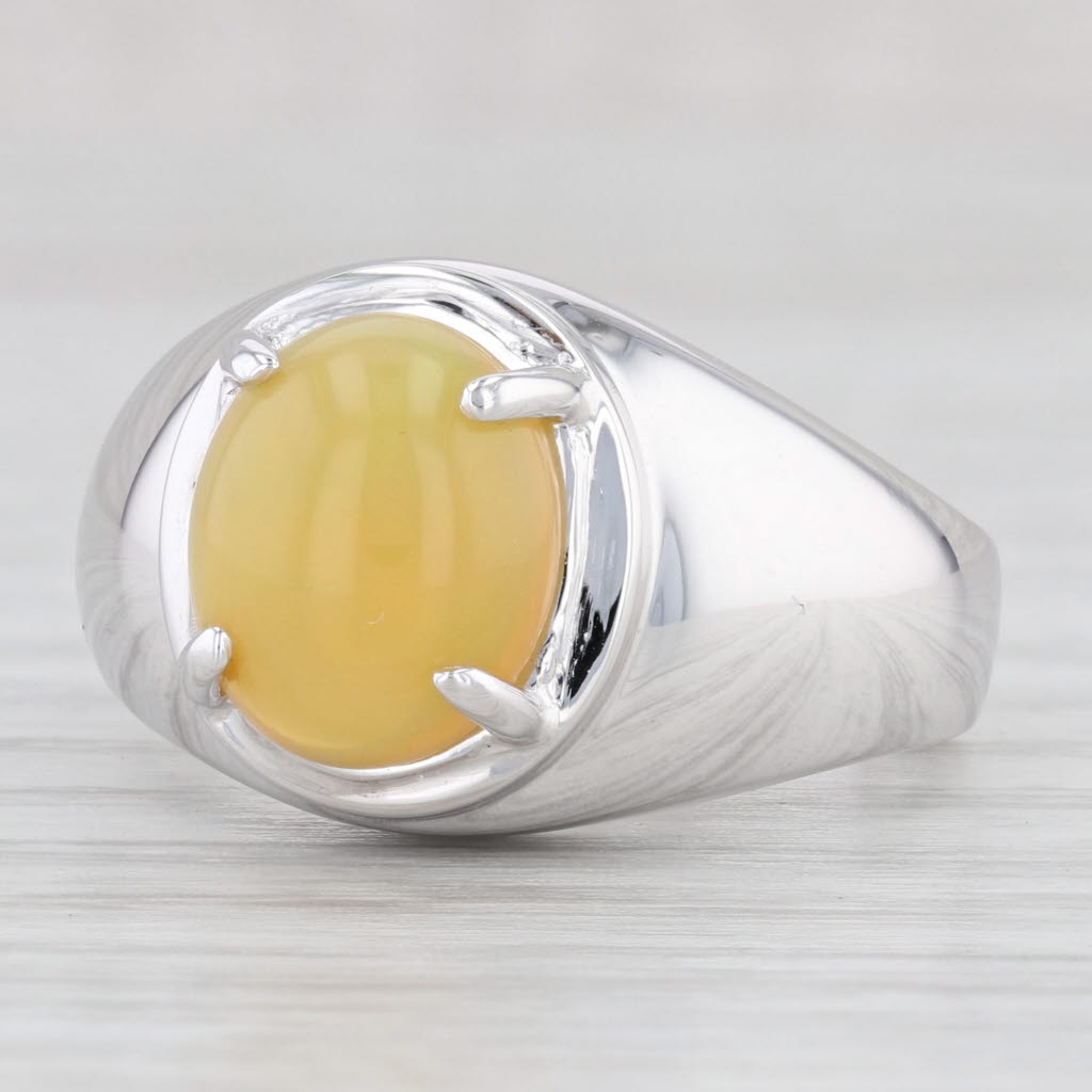 Light Gray Yellow Opal Ring 14k White Gold Size 8.25 Oval Cabochon Solitaire