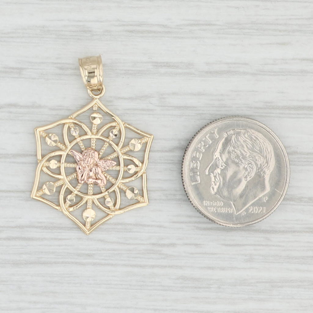 Light Gray Guardian Angel Cherub Pendant 14k Yellow Rose Gold Snowflake