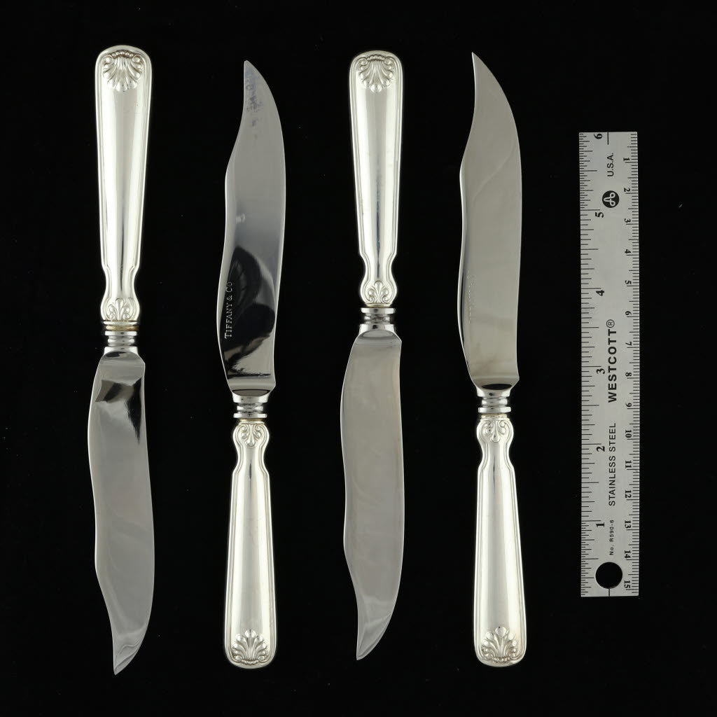 Black Tiffany & Co Shell & Thread 4 Fish Knives Sterling Silver 1905 7 7/8" Knife