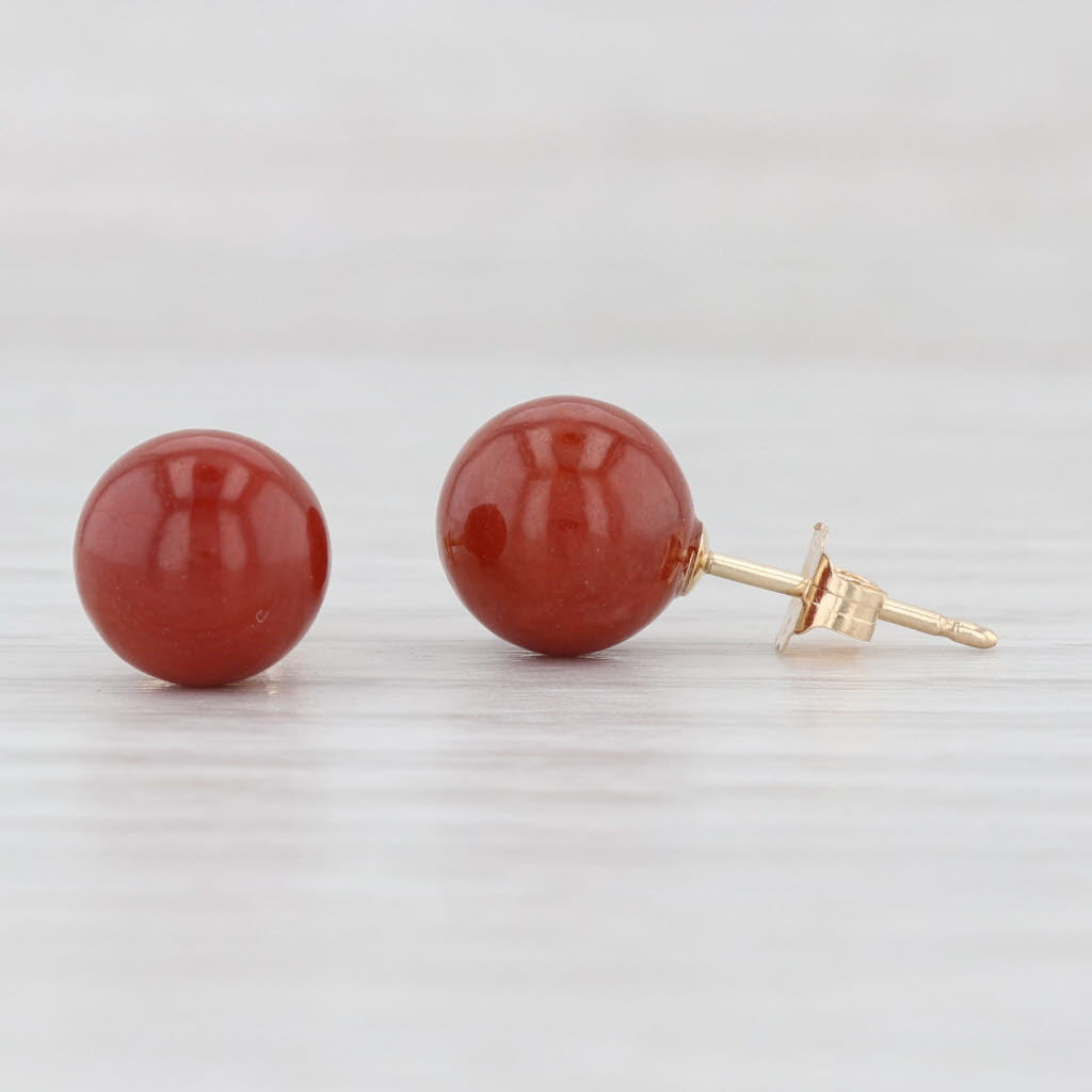 Light Gray Red Jadeite Jade Bead Stud Earrings 14k Yellow Gold