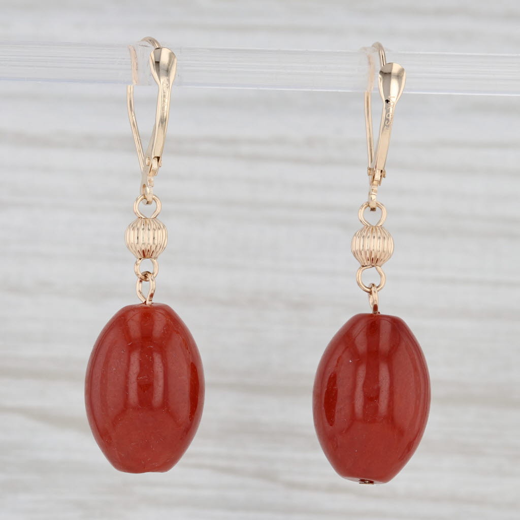 Light Gray Red Jadeite Jade Dangle Earrings 14k Yellow Gold Bead Drops