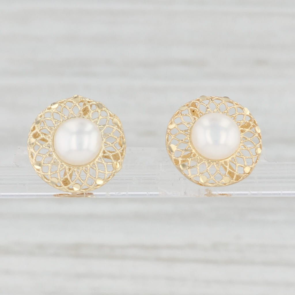 Light Gray Freshwater Cultured Pearl Filigree Stud Earrings 14k Yellow Gold