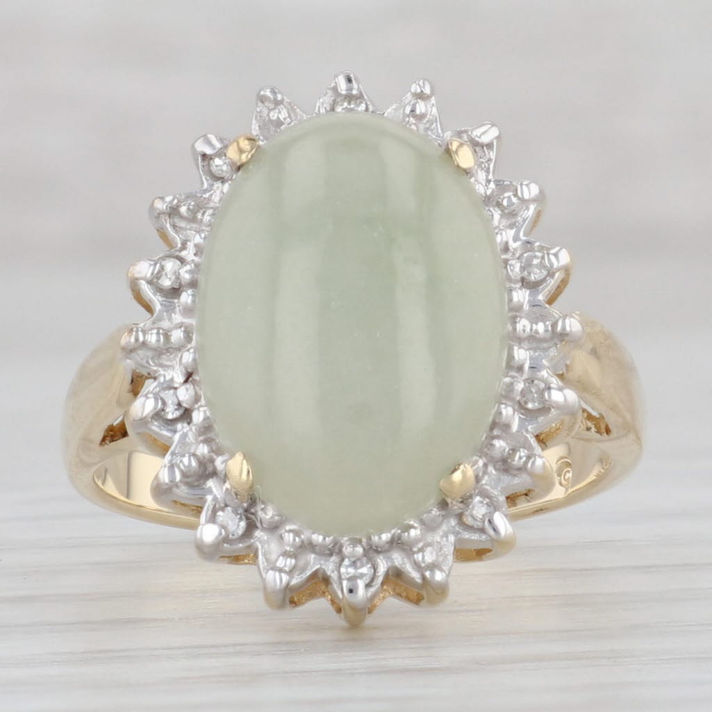 Gray Green Jadeite Jade Oval Cabochon Diamond Halo Ring 14k Yellow Gold Size 6.75