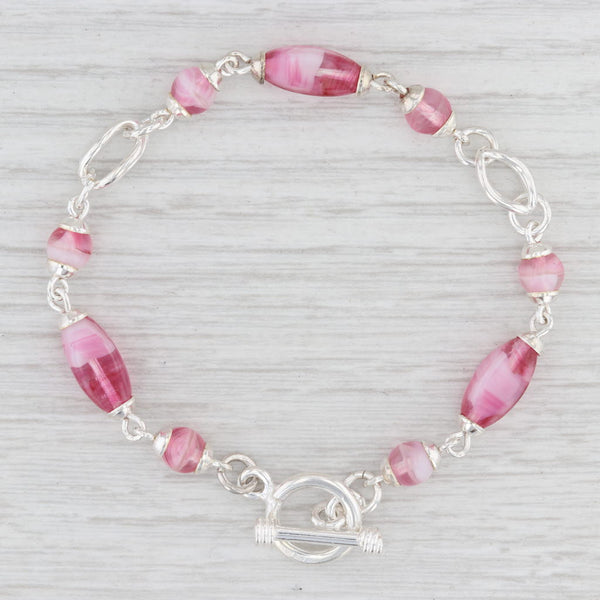 Light Gray New Pink Glass Bead Bracelet 7" Chain Sterling Silver Toggle Clasp Statement