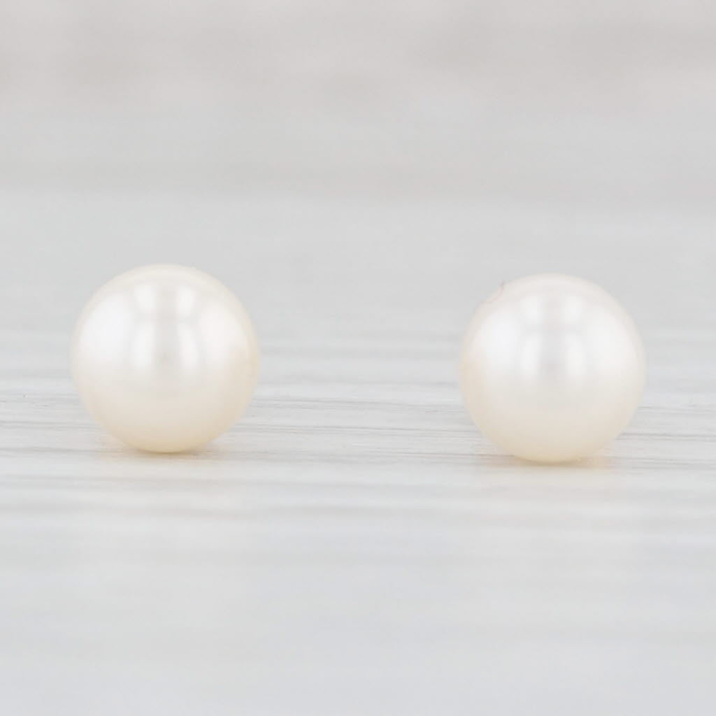 Light Gray Round White Cultured Pearl Stud Earrings 14k Yellow Gold June Birthstone